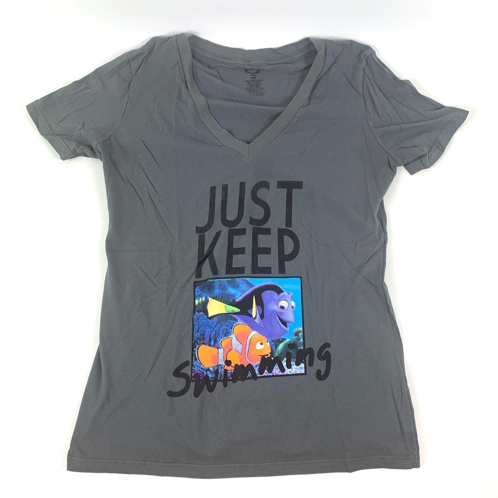 Disney Pixar Finding Nemo T Shirt Womens‎ Sz XXL Just Keep Swimming Gray V Neck
